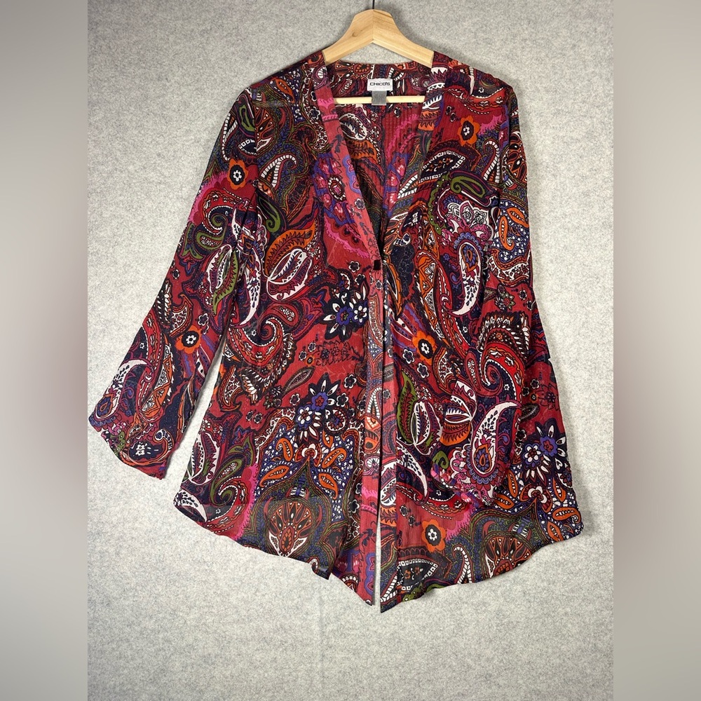 Chico's SILK Multicolor Paisley Silk Sheer Blouse Cardigan Coverup Long Sleeve s